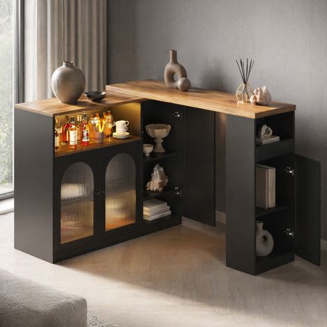 MEUBLIV Mobile bar girevole 197 x 39,6 x 100 cm nero con LED, anta in vetro e vani (1/5)