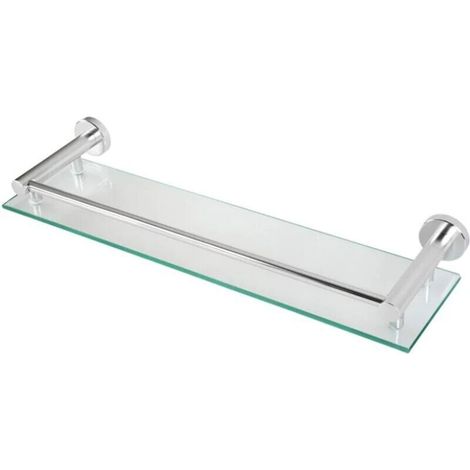 Wandmontiertes Badezimmerregal aus gehärtetem Glas und Aluminium, 50 cm breit, inklusive Befestigungsmaterial, silberfarbene Ausführung.