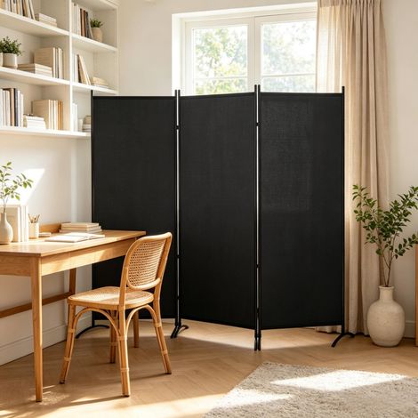Pour Salon et Bureau Paravent Cloison Amovible 3 Volets Brise-Vue d'Intérieur Métal Époxy et Toile Polyester Gris Foncé (1/5)