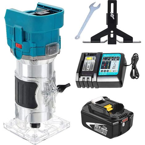 Trimmfräsen, bürstenloses 850-W-Akku-Fräswerkzeug, elektrischer 1/4-Zoll-Handholzschneider mit 6 Geschwindigkeiten + 5,5-A-Akku + DC18RC-Ladegerät, kompatibel mit 18-V-Makita-Akku, für Holzbearbeitung
