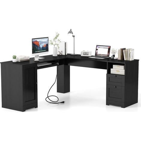 Costway – Bureau d'angle en L 168 cm avec ports USB et Type-C – 2 prises AC – 2 tiroirs – Plateau à clavier – Étagère réglable – Noir