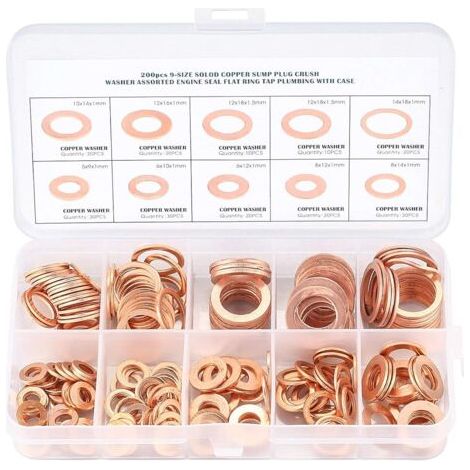 Rondelles plates en cuivre 200 pièces – Dimensions M5 à M14 – Boîte de rangement compartimentée – Pour connexions électriques et plomberie