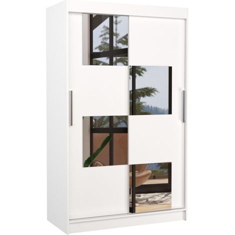 Petite armoire de chambre 2 portes coulissantes bois blanc et 4 miroirs Luko 120cm (1/5)