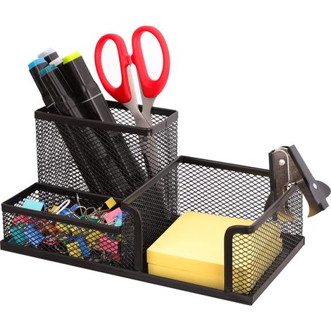 Organizer da scrivania in rete con 3 scomparti – Portapenne e portamatite per accessori da ufficio – Nero (1/5)