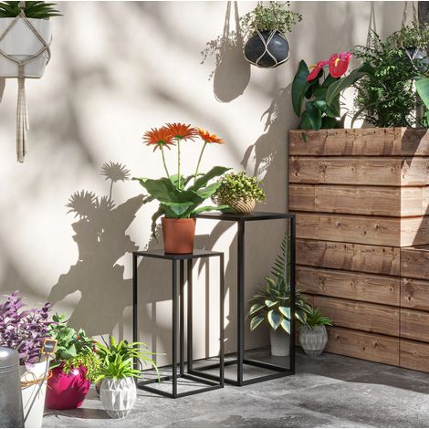 Étagère porte-plantes en acier noir, lot de 2, design minimaliste, gain de place emboîtable (1/5)