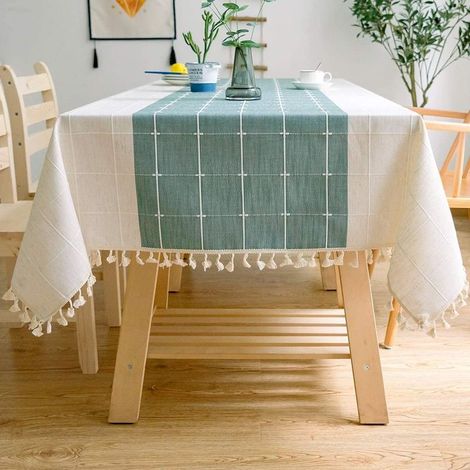 Nappe de Table rectangulaire(140x180cm, vert et blanc)en Coton et Lin Solide Broderie À Carreaux Gland Coton Couverture De Table en Linge pour Cuisine Salle À Manger Décoration de Table (1/5)