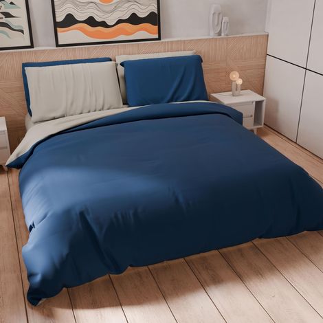 Set Housse de Couette 200x200 cm 1 Taie d'oreiller 50x80 cm Incluse, Parure de Lit Microfibre 1/2 Personnes Douce Gris Clair Bleu Nuit (1/5)