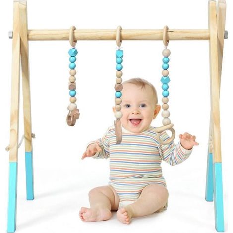 Baby Activity Gym, Wooden Foldable Frame, 3 Hanging Toys - Blue (1/5)