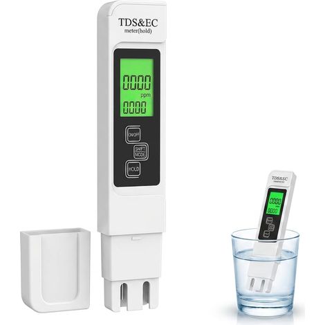 Testeur de Qualité de L'Eau 3 en 1 TDS/EC/TEMP, Testeur Eau Potable Haute Précision avec Écran LCD Rétroéclairé, PH Metre Idéal pour Piscine, Aquarium, Bassin et Eau Domestique (1/5)