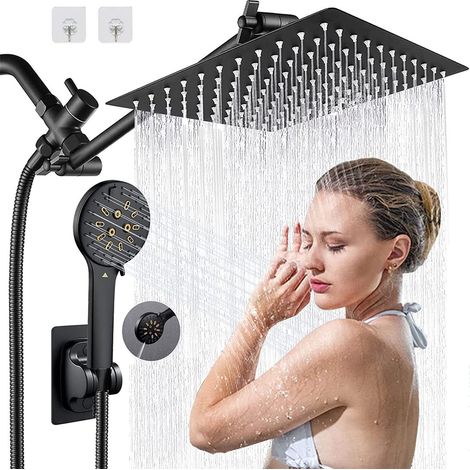 Pommeau de douche avec combinaison de jet à main, pommeau de douche à effet pluie haute pression, flexible de douche étanche, noir mat (1/5)