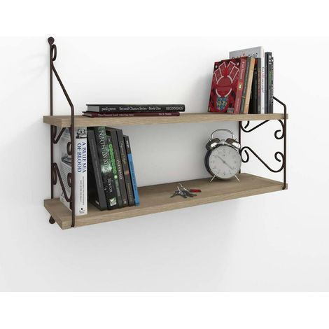 Etagère murale décor bois foncé 2 plateaux avec volutes JENA