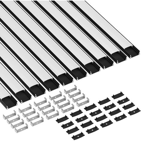 CUQI Profilé LED Noir, Profilé Alu pour Ruban LED 10 x 40CM avec Couvercle PC Laiteux, Embouts et Clip de Montage (10 PACK) (1/5)