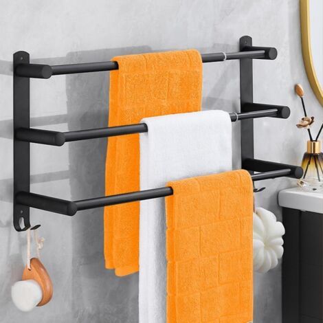 Porte-serviettes extensible sans perçage 3 couches en acier inoxydable autocollant avec 2 crochets pour salle de bain et cuisine noir 43 à 75 cm (1/5)
