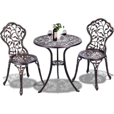 Goplus – Ensemble table ronde et 2 chaises de jardin en métal – Bistrot 3 pièces en fonte aluminium – Dimensions table 60 x 60 x 65 cm – Design rétro avec motifs sculptés