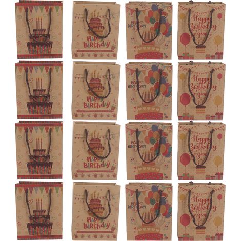 Lot de 16 sacs cadeaux en papier kraft, 4 motifs, format moyen, « Joyeux anniversaire », marquage à chaud, recyclables et inodores. (1/5)