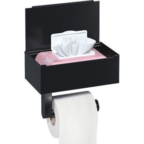 Porte Papier Toilette Mural, Porte Papier Toilette sans Perçage avec Étagères et Boîte à Lingettes Humides, Noir Porte Rouleau Papier Toilette Auto-adhésif pour Toilettes et Cuisines (1/4)