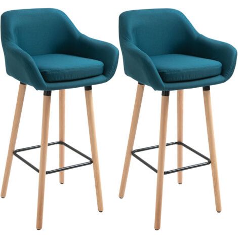 Tabourets de bar au design scandinave - Ensemble de 2 tabourets de bar confortables avec repose-pieds et accoudoirs - en bois massif et lin bleu (1/5)