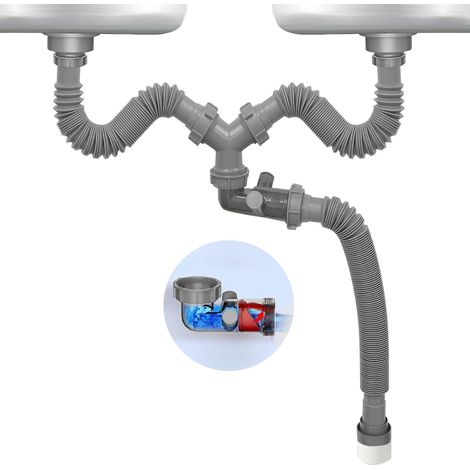 Kit de vidange pour évier double,1½"siphon P flexible, vanne unidirectionnelle visible, raccord 4 voies, pour cuisine, salle de bain, lave-vaisselle et broyeur à déchets. (1/5)