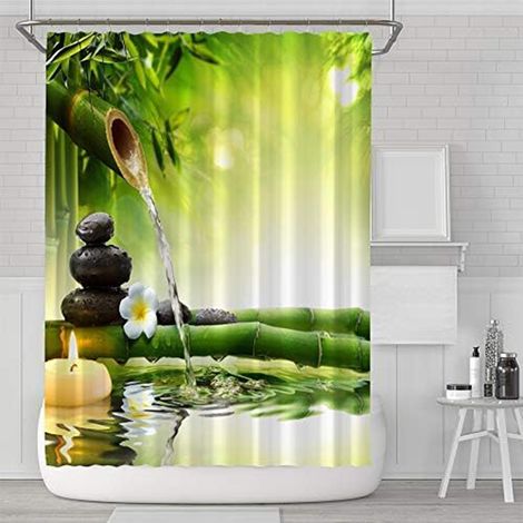 1 Rideau de douche, polyester hydrofuge, motif bambou vert, avec 12 anneaux, pour salle de bain (1/5)