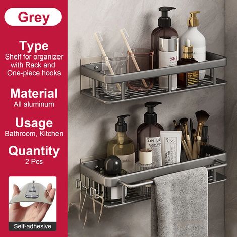(2 pièces grises, 1 étagère) Étagère de salle de bain murale sans perçage pour flacons de shampoing, étagère d'angle pour douche et toilettes, accessoires de salle de bain et de cuisine en aluminium (1/5)