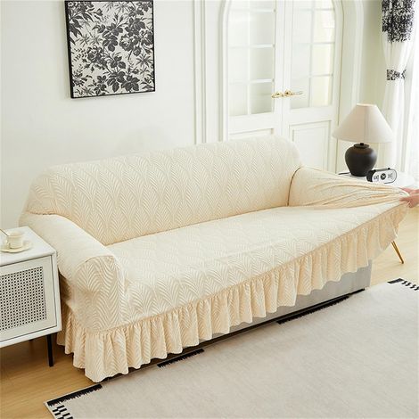 Hochelastischer, gerüschter Sofabezug für L-förmige Sofas und Ecksofas (Beige, 3-Sitzer) (1/5)