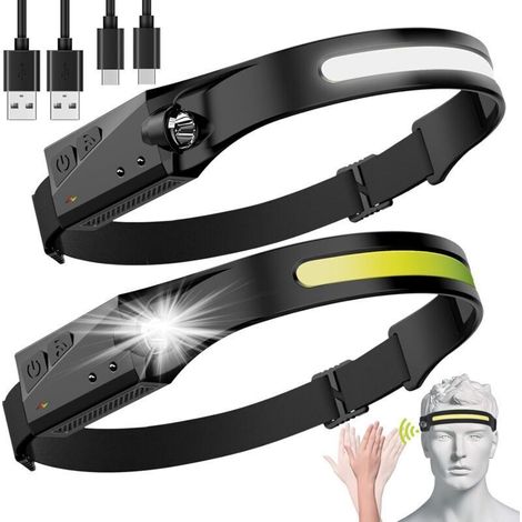 Lampe frontale LED rechargeable, faisceau large 230°, 350 lumens, 5 modes d'éclairage, étanche IPX4, confortable et légère pour camping, randonnée et travaux (1/5)