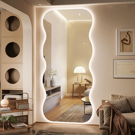 Hasipu Ganzkörperspiegel mit Lichtern 240 x 100cm, Wellförmiger LED Wandspiegel mit Touch-Schalter, 3 Lichtfarben Dimmbar für Schlafzimmer, Garderobe