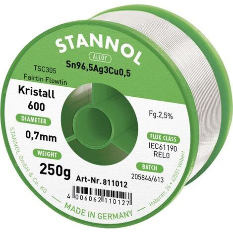 Stannol Kristall 600 Fairtin Étain à souder sans plomb sans plomb Sn96,5Ag3Cu0,5 REL0 250 g 0.7 mm (1/4)