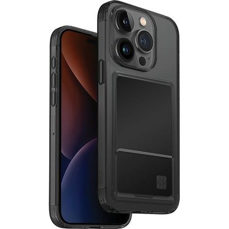 UNIQ Air Fender ID Hülle für iPhone 15 Pro Max (6,7 Zoll), grau/rauchgrau getönt, mit Kartenfach