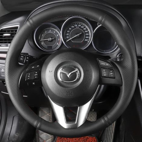 (Filet jaune) Housse de volant tressée sur mesure en cuir véritable, compatible avec Mazda 3 Axela, Mazda 6 Atenza, Mazda 2 CX-3, CX-5 et Scion. (1/5)