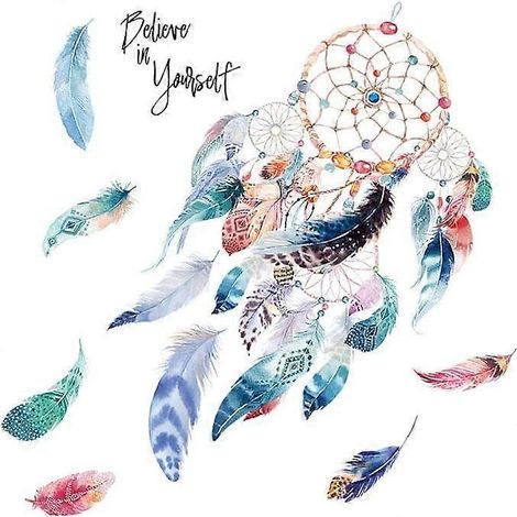 Attrape-rêves aquarelle en plumes (105 x 90 cm) - Décoration murale colorée pour chambre d'enfant ou bébé garçon (1/5)