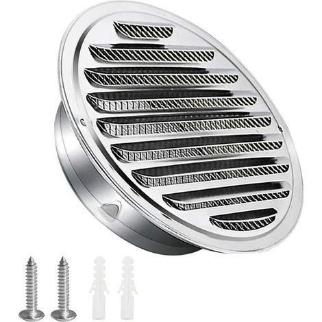 Rejilla de ventilación de acero inoxidable de 100 mm con tornillos y tacos. Resistente a la intemperie. Lamas con mosquitera y asa. Rejilla de salida de aire redonda. Tornillo y brida. Rejilla. (1/4)