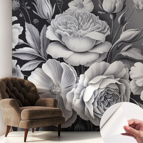 Tapete Selbstklebend - Fototapete mit Motiv - Wandtapete modern - Wandgestaltung Graue Blumen 250x250 cm (1/5)