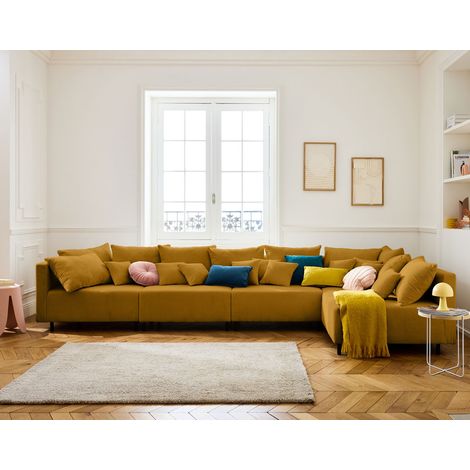 Lisa Design – Canapé modulable d'angle réversible 5 places – Velours côtelé jaune – Coussins déhoussables – Structure bois massif (1/5)