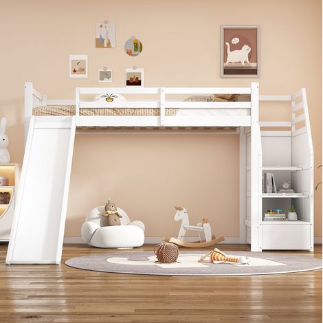Cama alta infantil 90x200 cm en pino y MDF blanca con tobogán, sin colchón – MEUBLIV (1/5)