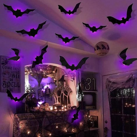 12 Pièces 3D Chauve Souris Halloween, Grande Taille Horreur Chauve Souris Stickers Muraux LED, Stickers Halloween Fenetre(Violet) (1/5)