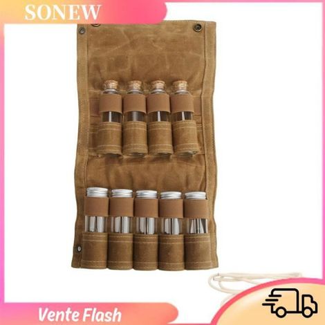 Sac À Épices - Toile Et Verre - 9 Flacons Intégrés - Pliable Et Portable Pour Camping Randonnée Barbecue - 37,5 X 19,5 Cm - 1 Pièce (1/5)