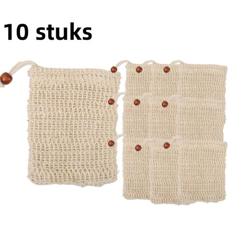 Lot de 10 filets à savon en coton, lin et sisal avec perles en bois, 9,5 x 14,5 cm (1/5)