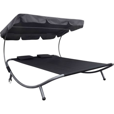 Doppel Sonnenliege mit Dach schwarz für 2 Personen - 199 x 174 cm - bis 260 kg XXL Gartenliege mit verstellbarem Sonnendach