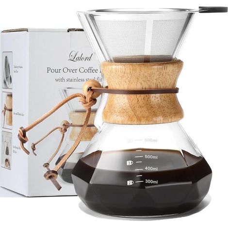 Filterkaffeemaschine mit wiederverwendbarem Edelstahlfilter, Kaffeekanne aus Borosilikatglas, Holzmanschette, manuelle Kaffeemaschine, Fassungsvermögen 600 ml (3 Tassen) (1/5)