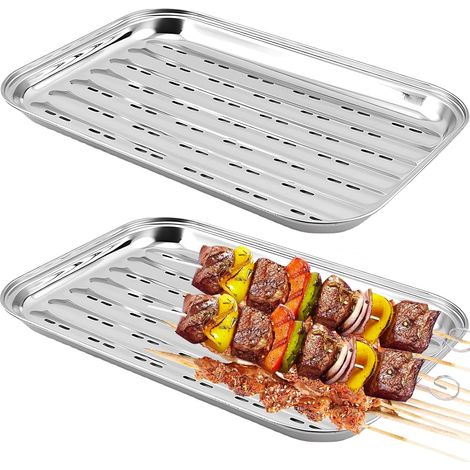 34,5 x 24,2 x 2,7 cm Lot de 2 bacs à barbecue en acier inoxydable - Accessoire d'extérieur pour légumes, poissons ou viandes - Pour barbecue à gaz (1/5)