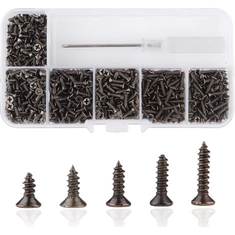 Petites Vis à Bois 1000 Pièces Mini Autotaraudeuses M2 Tête Plate Micro Visserie Bronze (5-10mm) (1/5)