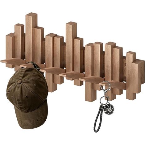 Porte-manteau en bois de style rustique avec 6 crochets, peu encombrant, style décalé, 41 cm, pour couloir, couloir et salon (1/5)
