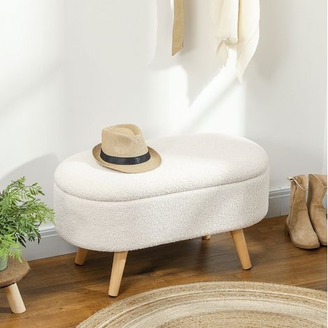 Panca contenitore con coperchio, pouf imbottito in tessuto bianco, 82 x 41 x 45 cm (1/5)