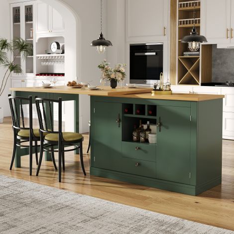 Meuble de bar extensible avec plateau pliable et 2 portes - 120/180 x 45 x 75 cm -rotation à 360° - MDF - Naturel+Vert (1/5)