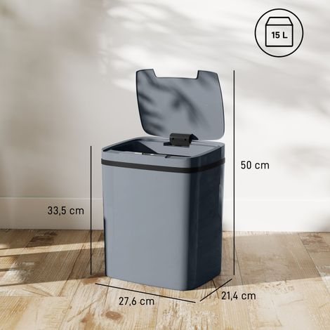 Poubelle intelligente 15L avec détecteur de mouvement, double mode d'ouverture, idéale pour cuisine ou bureau, dimensions 27,6 x 21,4 x 33,5 cm, couleur grise. (1/5)