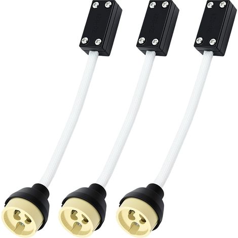 Lot de 3 Douilles GU10 Céramique, Câble Silicone 15 cm Avec bornes + boîtier, gainé blanc, 250 V, pour LED et halogène, spots encastrés. (1/5)