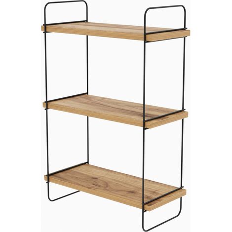 Cotecosy – Étagère murale suspendue en bois pin et métal noir H66 cm – 3 étagères – Design industriel pour décoration moderne (1/5)