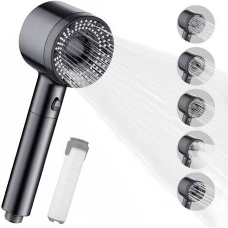 High Pressure Shower Head, Anti-Limescale Shower Head with 5 Adjustable Modes, Bathroom Shower Hand Shower with Filter, Water Saving Shower Head with Pause Button (Gr (1/5)