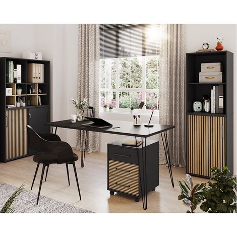 Büromöbel Set 4-teilig mit Schreibtisch, schwarz, Akustikpaneel-Optik HUNTSVILLE-80 (1/5)